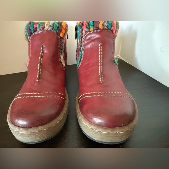 Rieker Shoes - Rieker Red Ankle Boots with Colorful Knit Trim womens size 38